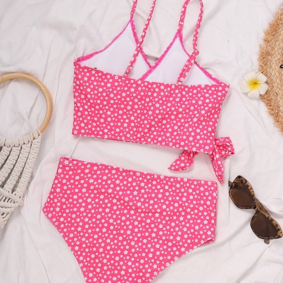 Boho Neon Pink Floral Print Tie V neck Bikini swim - Picture 5 of 6